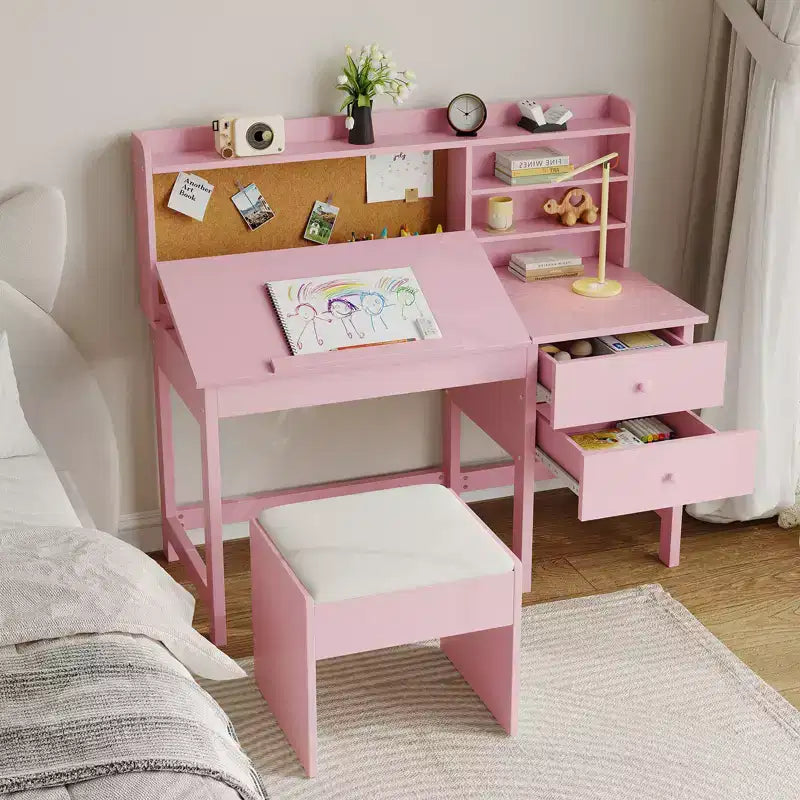 Ensemble bureau et chaise pour enfant, table d'étude en bois avec plateau inclinable réglable, tiroirs
