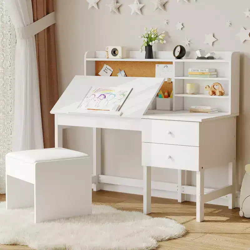 Ensemble bureau et chaise pour enfant, table d'étude en bois avec plateau inclinable réglable, tiroirs