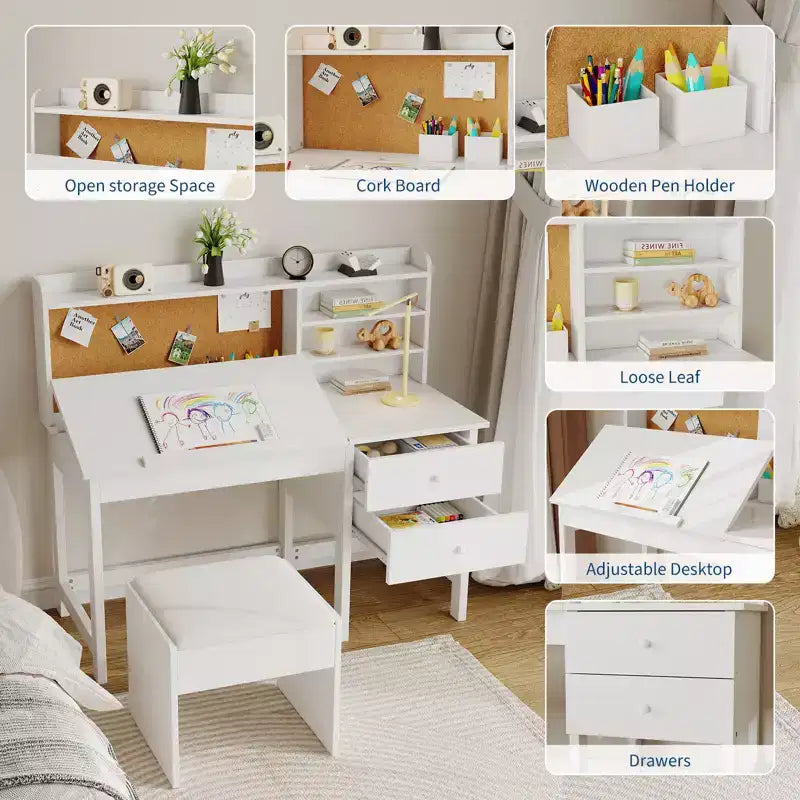 Ensemble bureau et chaise pour enfant, table d'étude en bois avec plateau inclinable réglable, tiroirs