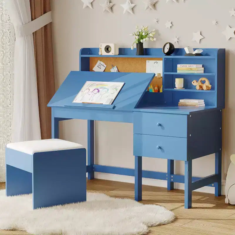 Ensemble bureau et chaise pour enfant, table d'étude en bois avec plateau inclinable réglable, tiroirs