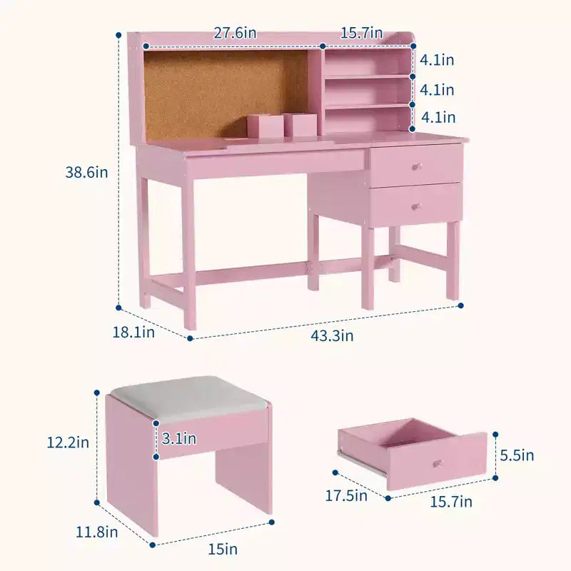 Ensemble bureau et chaise pour enfant, table d'étude en bois avec plateau inclinable réglable, tiroirs