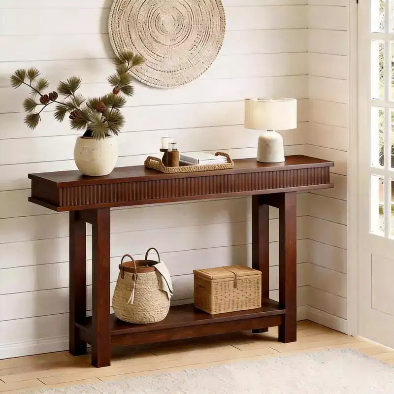 GustoWave Table console cannelée de ferme – Table d'entrée en bois à 2 niveaux avec étagère de rangement, table de canapé derrière le canapé pour entrée, salon
