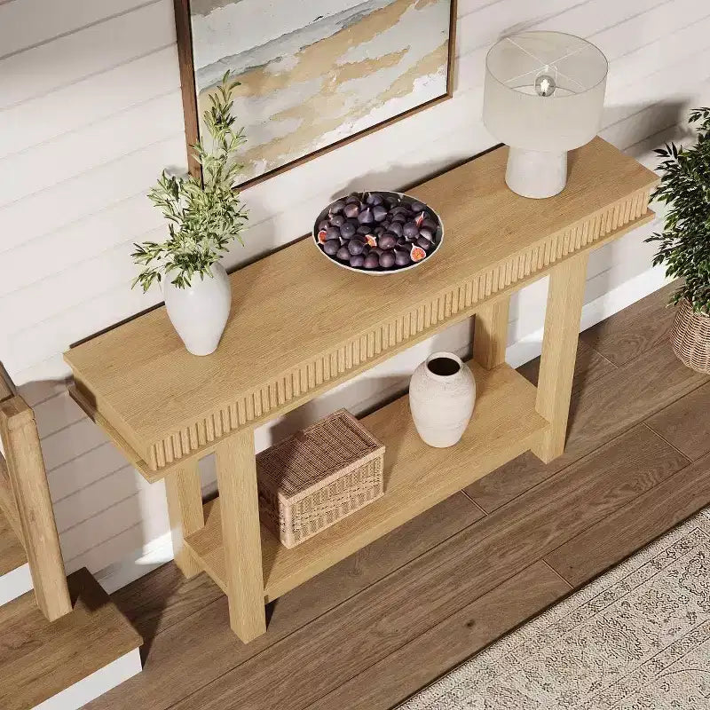 GustoWave Table console cannelée de ferme – Table d'entrée en bois à 2 niveaux avec étagère de rangement, table de canapé derrière le canapé pour entrée, salon