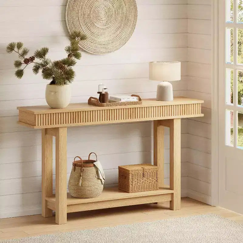 GustoWave Table console cannelée de ferme – Table d'entrée en bois à 2 niveaux avec étagère de rangement, table de canapé derrière le canapé pour entrée, salon