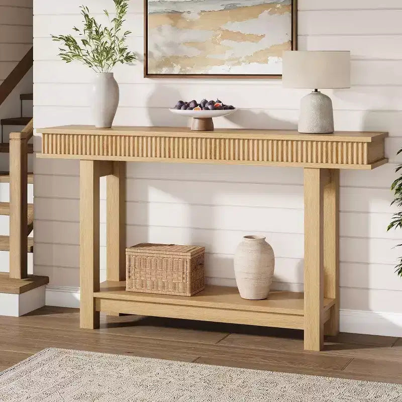 GustoWave Table console cannelée de ferme – Table d'entrée en bois à 2 niveaux avec étagère de rangement, table de canapé derrière le canapé pour entrée, salon