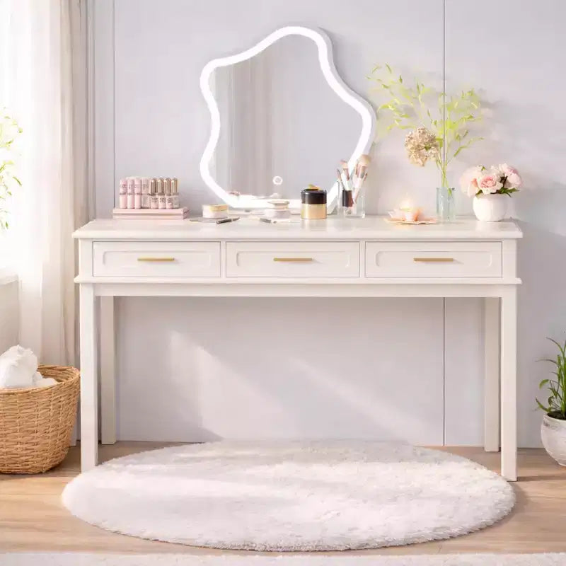 Cream White Makeup Vanity Desk Dressing Table with 3 Drawers, Office Writing Desk Entryway Console Table Storage Accent Table, No Mirror - ModernLuxe