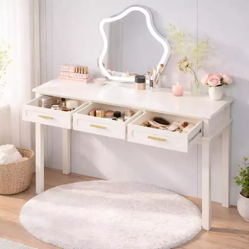 Coiffeuse blanc crème avec 3 tiroirs, bureau d'écriture, console d'entrée, table d'appoint de rangement, sans miroir - ModernLuxe
