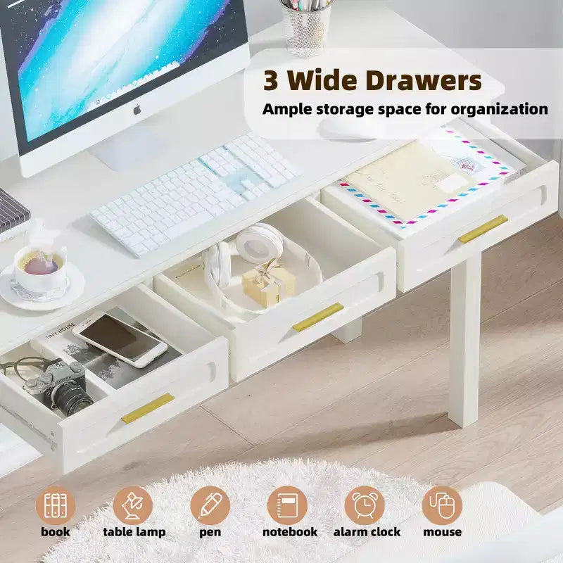 Coiffeuse blanc crème avec 3 tiroirs, bureau d'écriture, console d'entrée, table d'appoint de rangement, sans miroir - ModernLuxe
