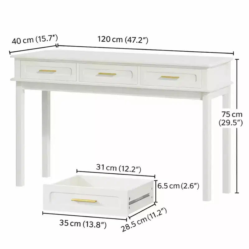 Coiffeuse blanc crème avec 3 tiroirs, bureau d'écriture, console d'entrée, table d'appoint de rangement, sans miroir - ModernLuxe