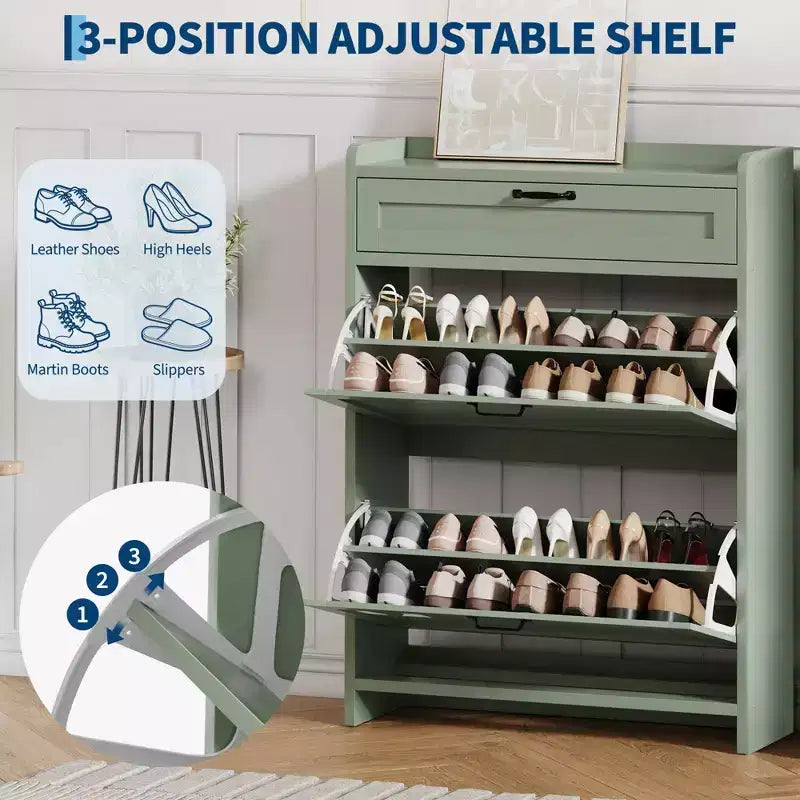 Meuble à chaussures, Meuble de rangement pour chaussures en bois peint haute brillance avec 2 tiroirs basculants et 1 tiroir supérieur, étagères réglables, organisateur dissimulé autoportant
