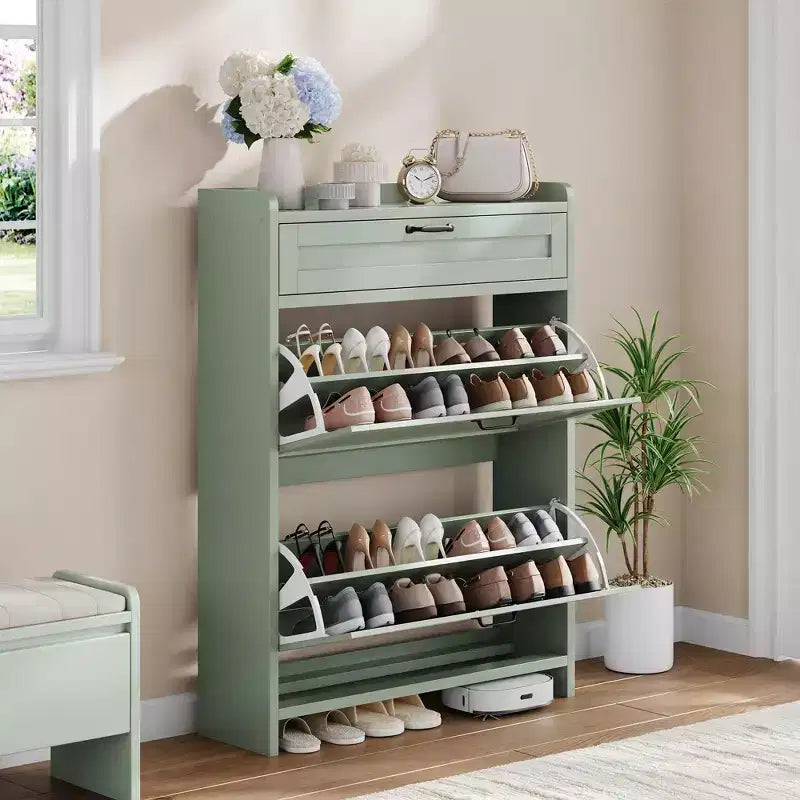Meuble à chaussures, Meuble de rangement pour chaussures en bois peint haute brillance avec 2 tiroirs basculants et 1 tiroir supérieur, étagères réglables, organisateur dissimulé autoportant