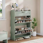 Meuble à chaussures, Meuble de rangement pour chaussures en bois peint haute brillance avec 2 tiroirs basculants et 1 tiroir supérieur, étagères réglables, organisateur dissimulé autoportant