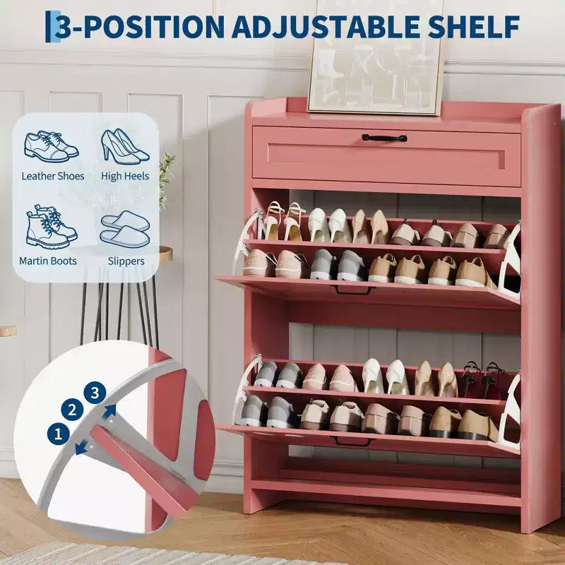 Meuble à chaussures, Meuble de rangement pour chaussures en bois peint haute brillance avec 2 tiroirs basculants et 1 tiroir supérieur, étagères réglables, organisateur dissimulé autoportant