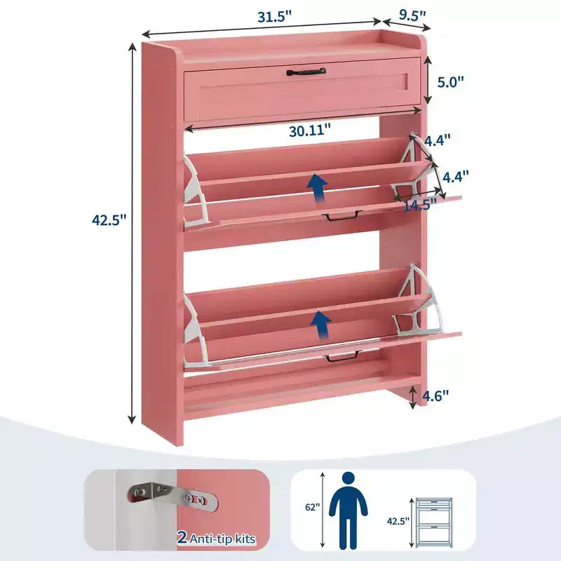 Meuble à chaussures, Meuble de rangement pour chaussures en bois peint haute brillance avec 2 tiroirs basculants et 1 tiroir supérieur, étagères réglables, organisateur dissimulé autoportant