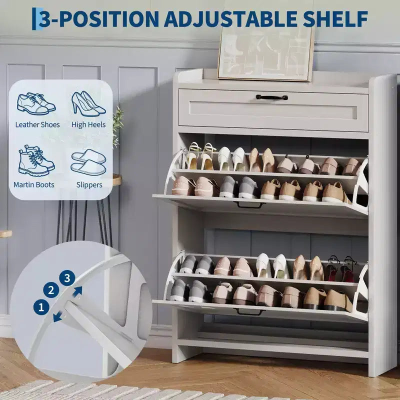 Meuble à chaussures, Meuble de rangement pour chaussures en bois peint haute brillance avec 2 tiroirs basculants et 1 tiroir supérieur, étagères réglables, organisateur dissimulé autoportant