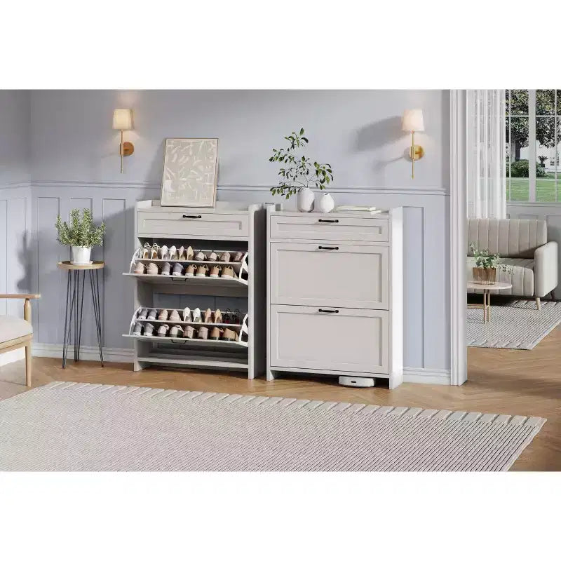 Meuble à chaussures, Meuble de rangement pour chaussures en bois peint haute brillance avec 2 tiroirs basculants et 1 tiroir supérieur, étagères réglables, organisateur dissimulé autoportant
