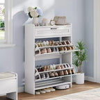 Meuble à chaussures, Meuble de rangement pour chaussures en bois peint haute brillance avec 2 tiroirs basculants et 1 tiroir supérieur, étagères réglables, organisateur dissimulé autoportant