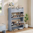 Meuble à chaussures, Meuble de rangement pour chaussures en bois peint haute brillance avec 2 tiroirs basculants et 1 tiroir supérieur, étagères réglables, organisateur dissimulé autoportant