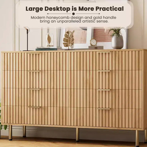 Commode 8 tiroirs pour chambre à coucher, 55 po de large, en bois moderne avec poignées en métal, design anti-basculement, organisateur de rangement robuste pour salon