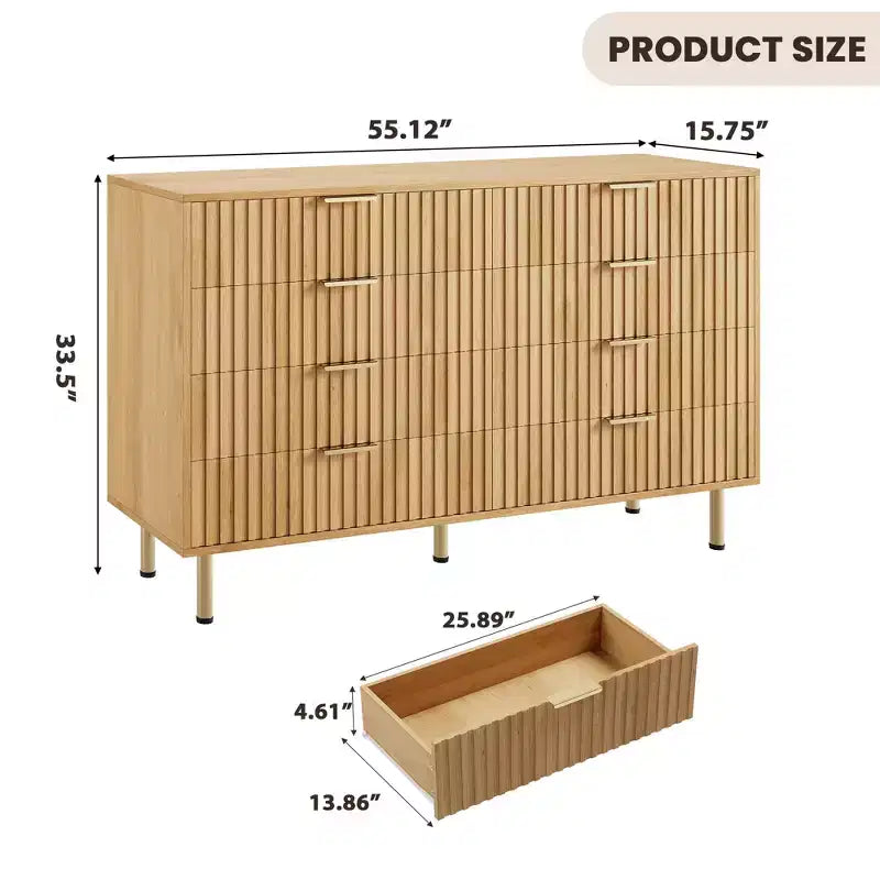Commode 8 tiroirs pour chambre à coucher, 55 po de large, en bois moderne avec poignées en métal, design anti-basculement, organisateur de rangement robuste pour salon