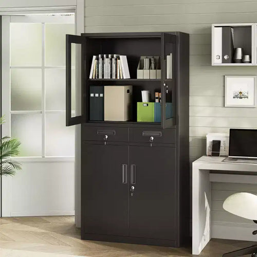 71 Metal Storage Cabinet with Glass Doors, 2 Drawers & Adjustable Shelves, Heavy Duty Locking Steel Organizer for Garage, Office, Workshop, School