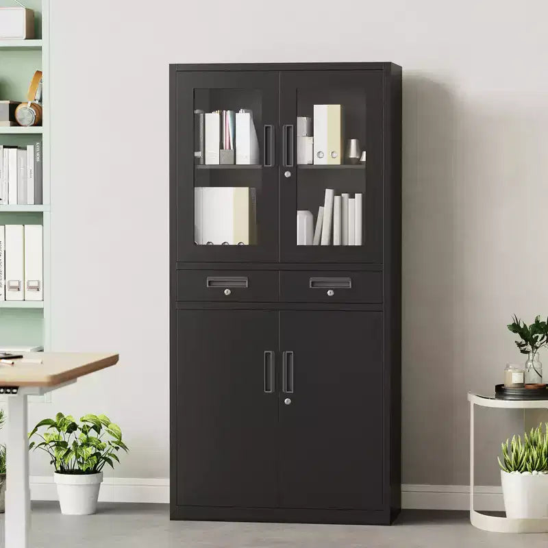 Meuble de rangement en métal de 180 cm avec portes vitrées, 2 tiroirs et étagères réglables, organisateur verrouillable en acier robuste pour garage, bureau, atelier, école
