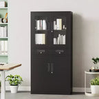 Meuble de rangement en métal de 180 cm avec portes vitrées, 2 tiroirs et étagères réglables, organisateur verrouillable en acier robuste pour garage, bureau, atelier, école