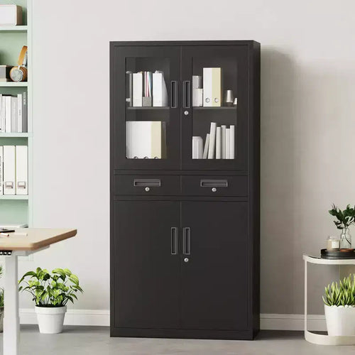 Meuble de rangement en métal de 180 cm avec portes vitrées, 2 tiroirs et étagères réglables, organisateur verrouillable en acier robuste pour garage, bureau, atelier, école