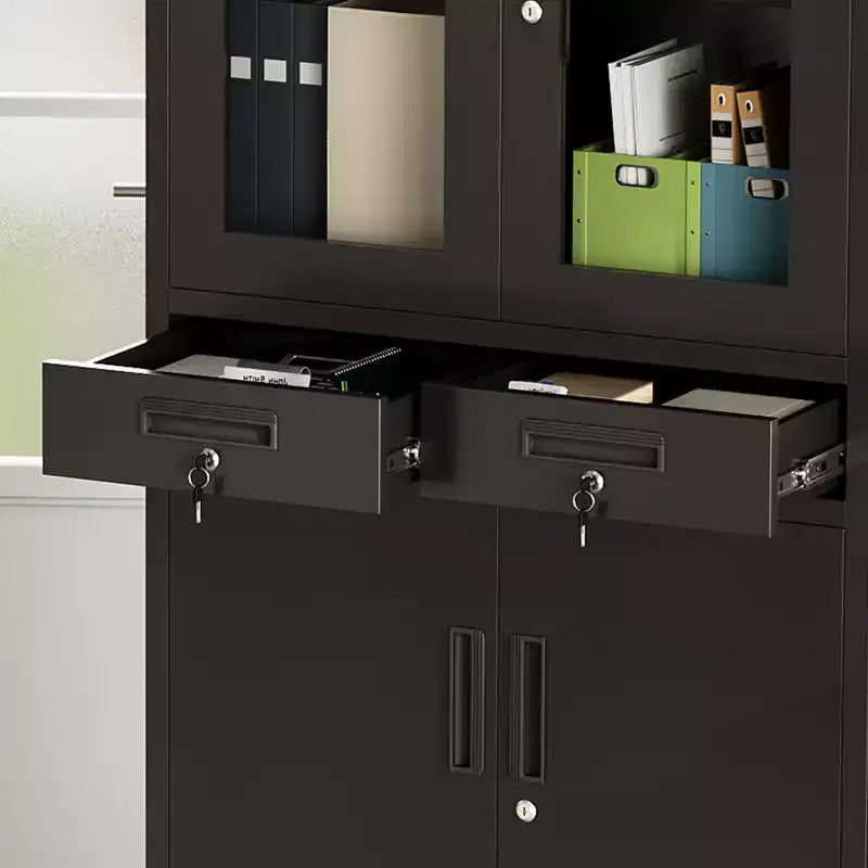 Meuble de rangement en métal de 180 cm avec portes vitrées, 2 tiroirs et étagères réglables, organisateur verrouillable en acier robuste pour garage, bureau, atelier, école