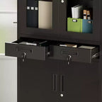 Meuble de rangement en métal de 180 cm avec portes vitrées, 2 tiroirs et étagères réglables, organisateur verrouillable en acier robuste pour garage, bureau, atelier, école