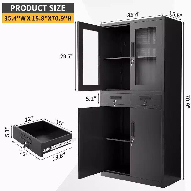 Meuble de rangement en métal de 180 cm avec portes vitrées, 2 tiroirs et étagères réglables, organisateur verrouillable en acier robuste pour garage, bureau, atelier, école