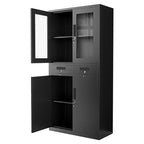 Meuble de rangement en métal de 180 cm avec portes vitrées, 2 tiroirs et étagères réglables, organisateur verrouillable en acier robuste pour garage, bureau, atelier, école