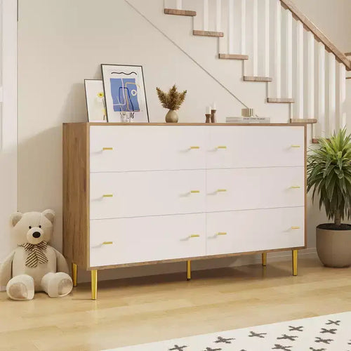 47.2 Wide 6-Drawer Rustic Wood Dresser with Bar Handles, Storage Chest of Drawers for Bedroom, Living Room & Hallway