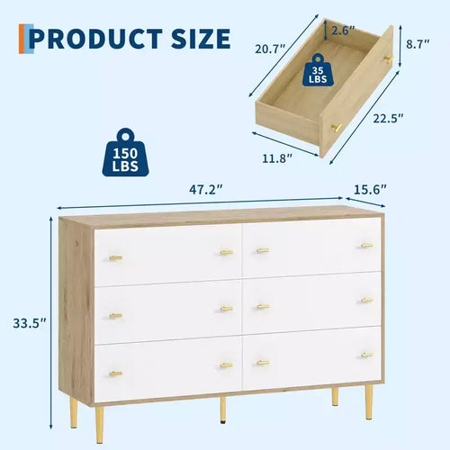 Commode en bois rustique à 6 tiroirs de 120 cm de large avec poignées barre, meuble de rangement pour chambre, salon et couloir