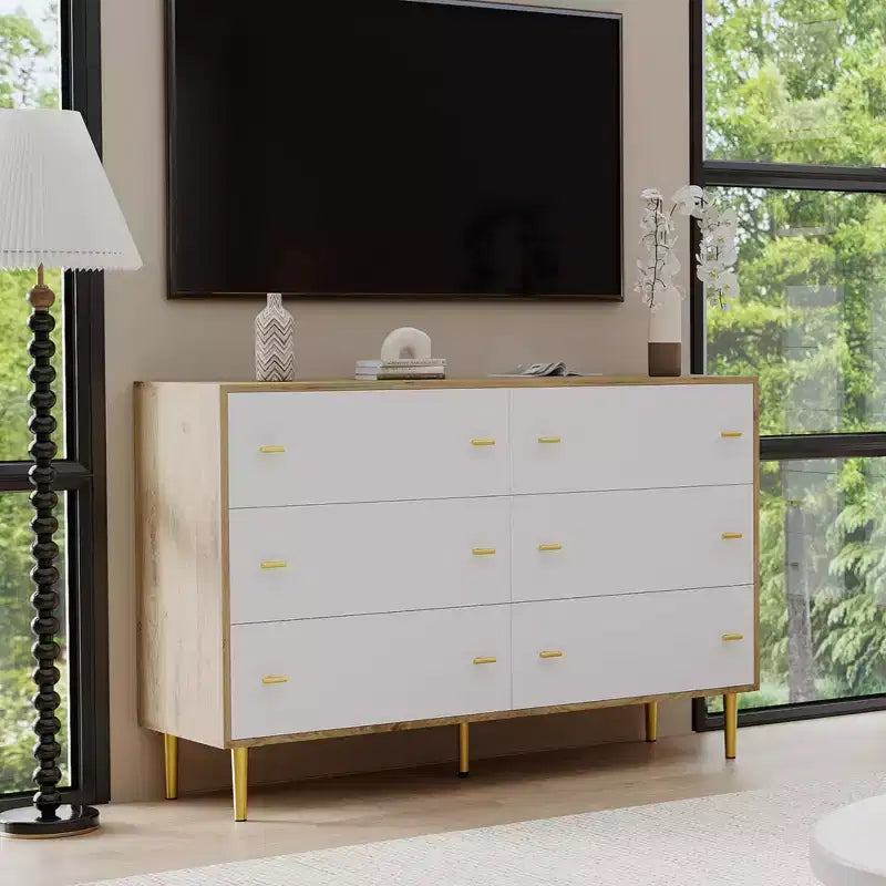 Commode en bois rustique à 6 tiroirs de 120 cm de large avec poignées barre, meuble de rangement pour chambre, salon et couloir