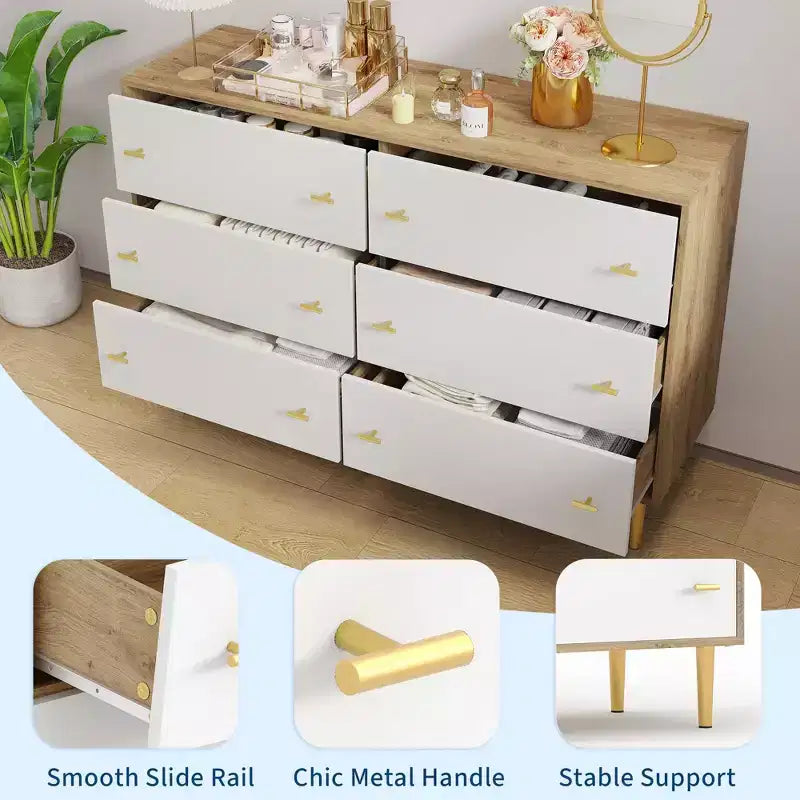 Commode en bois rustique à 6 tiroirs de 120 cm de large avec poignées barre, meuble de rangement pour chambre, salon et couloir