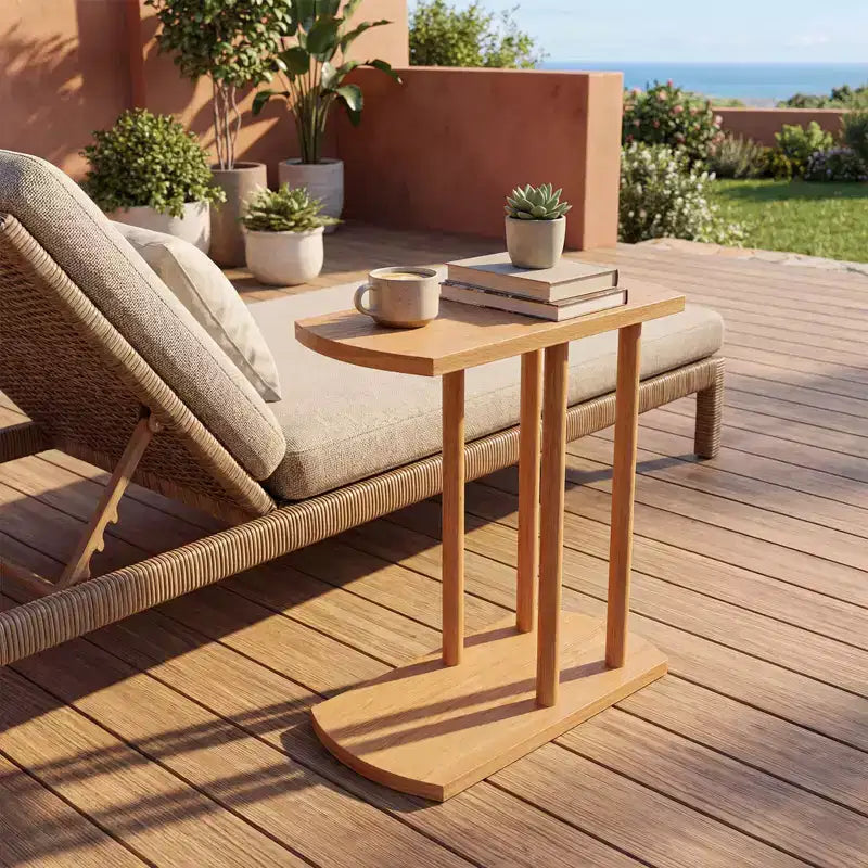 Costway Table d'appoint en Bois de Teck en Forme de C 1/2 PCS avec Plateau Épaissi et Base Robuste pour Petits Espaces