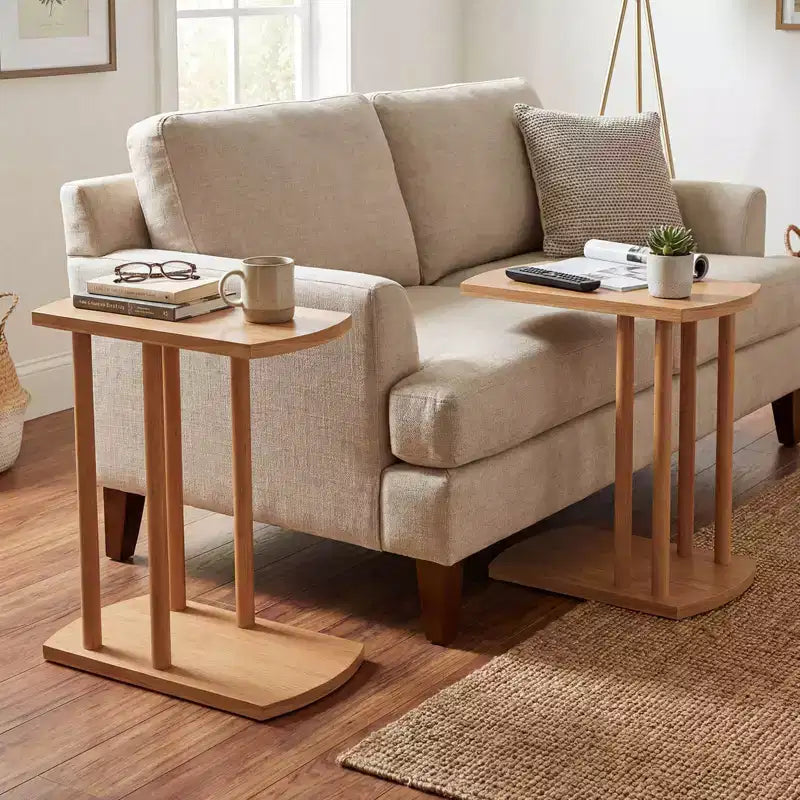 Costway Table d'appoint en Bois de Teck en Forme de C 1/2 PCS avec Plateau Épaissi et Base Robuste pour Petits Espaces