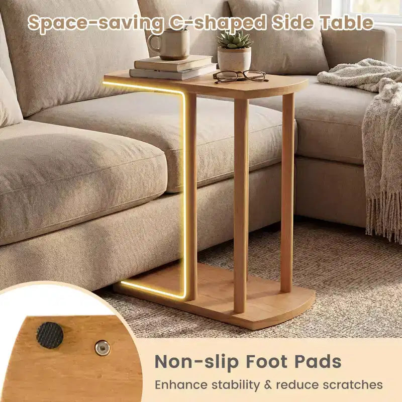 Costway Table d'appoint en Bois de Teck en Forme de C 1/2 PCS avec Plateau Épaissi et Base Robuste pour Petits Espaces