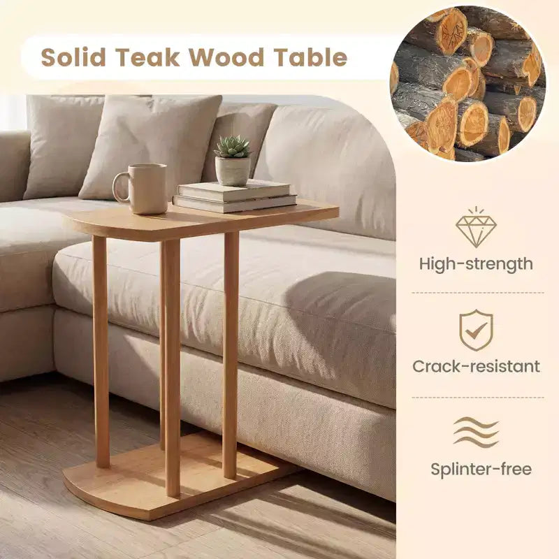 Costway Table d'appoint en Bois de Teck en Forme de C 1/2 PCS avec Plateau Épaissi et Base Robuste pour Petits Espaces