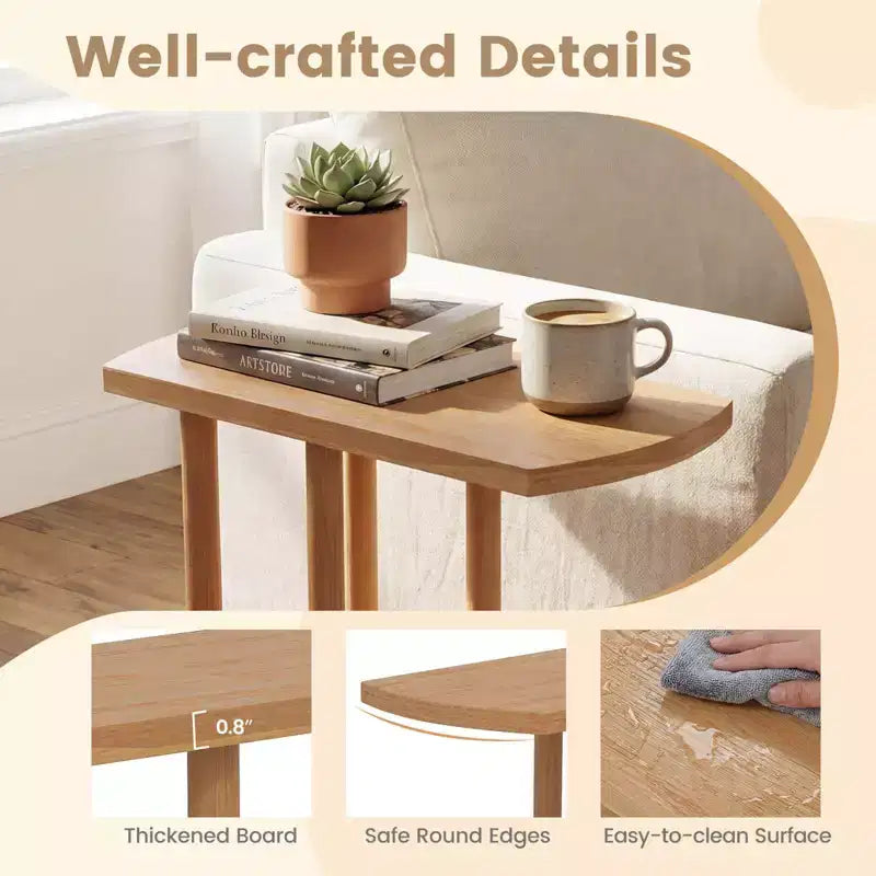Costway Table d'appoint en Bois de Teck en Forme de C 1/2 PCS avec Plateau Épaissi et Base Robuste pour Petits Espaces