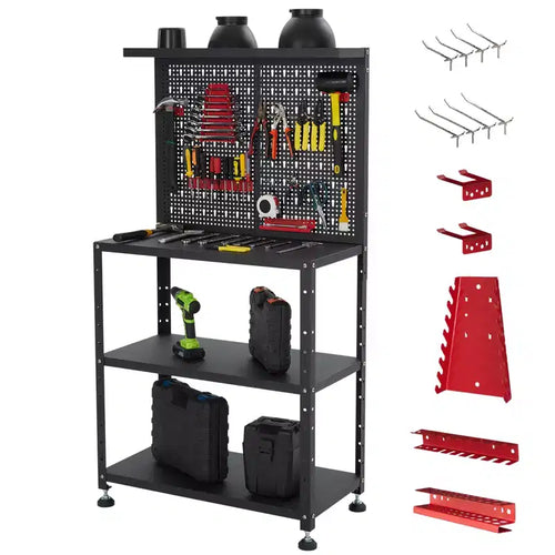 7-in-1 Workbench with Pegboard & 14 Hooks, Heavy Duty Metal Tool Table with Adjustable Shelves, Mobile Workstation for Garage, Workshop & Home Office