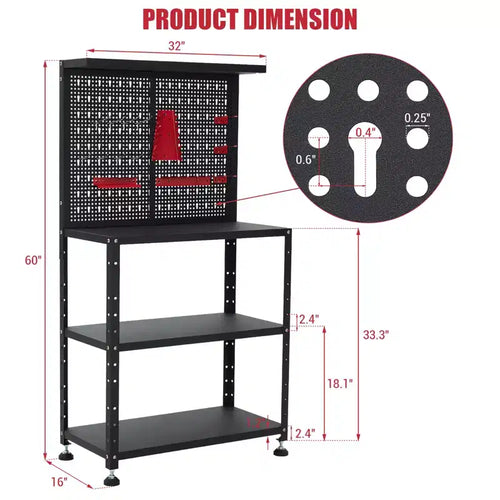 Établi 7-en-1 avec panneau perforé et 14 crochets, table à outils en métal robuste avec étagères réglables, poste de travail mobile pour garage, atelier et bureau à domicile