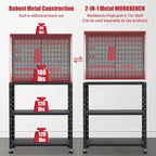Établi 7-en-1 avec panneau perforé et 14 crochets, table à outils en métal robuste avec étagères réglables, poste de travail mobile pour garage, atelier et bureau à domicile