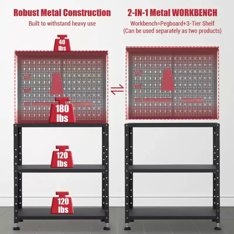 Établi 7-en-1 avec panneau perforé et 14 crochets, table à outils en métal robuste avec étagères réglables, poste de travail mobile pour garage, atelier et bureau à domicile