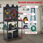 Établi 7-en-1 avec panneau perforé et 14 crochets, table à outils en métal robuste avec étagères réglables, poste de travail mobile pour garage, atelier et bureau à domicile