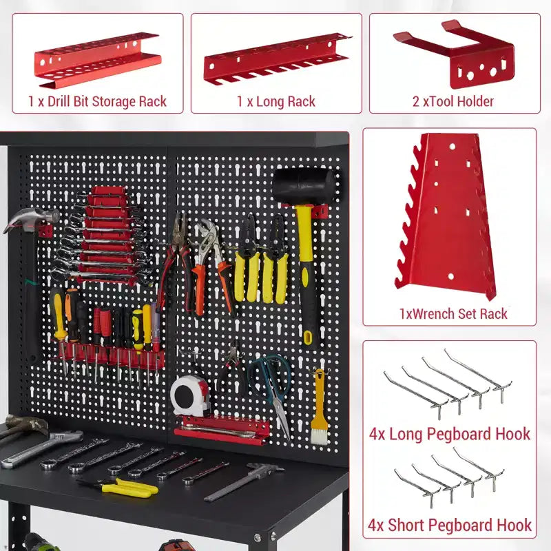 Établi 7-en-1 avec panneau perforé et 14 crochets, table à outils en métal robuste avec étagères réglables, poste de travail mobile pour garage, atelier et bureau à domicile