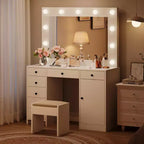 Coiffeuse blanche avec miroir et lumières, table de maquillage moderne avec station de charge et tiroirs, coiffeuse en bois avec rangement pour chambre à coucher