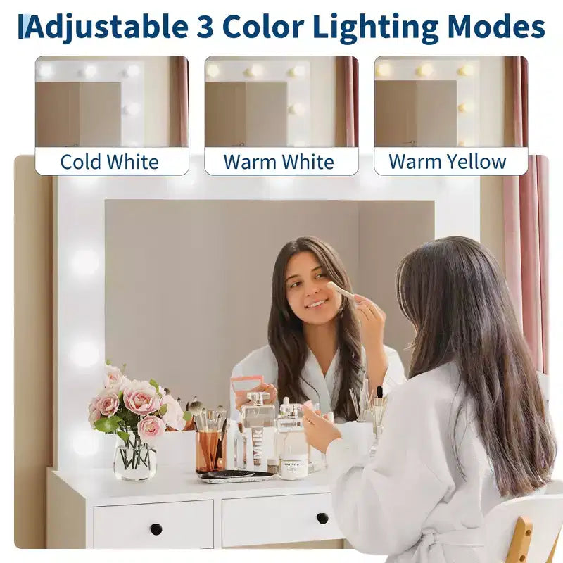 Coiffeuse blanche avec miroir et lumières, table de maquillage moderne avec station de charge et tiroirs, coiffeuse en bois avec rangement pour chambre à coucher