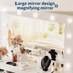 Coiffeuse blanche avec miroir et lumières, table de maquillage moderne avec station de charge et tiroirs, coiffeuse en bois avec rangement pour chambre à coucher